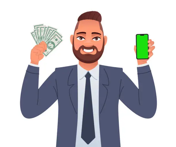 Vector illustration of The businessman holds dollar bills in one hand and points at the smartphone screen with the other. A handsome man in a business suit with money in his hand. A happy businessman.