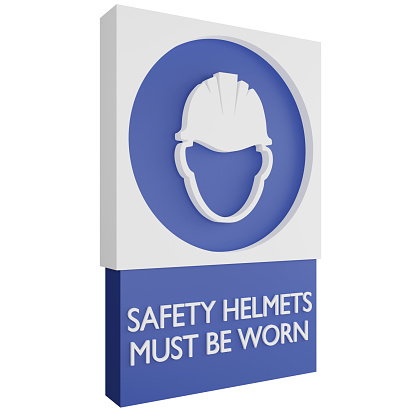 3D render safety helmets must be worn sign icon isolated on white background, blue informative sign