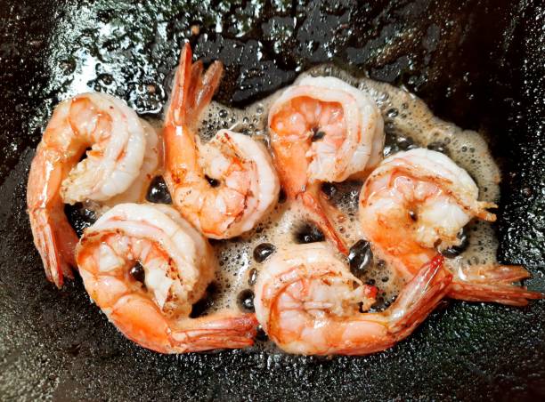 Fried Shrimps in cooking pan.