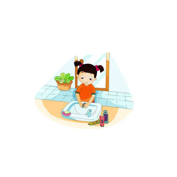 Vector illustration of Cute little girl washing her hands in the sink concept cartoon flat isolated