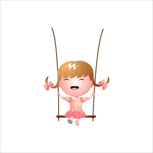 Vector illustration of Cute cartoon happy girl playing the swing