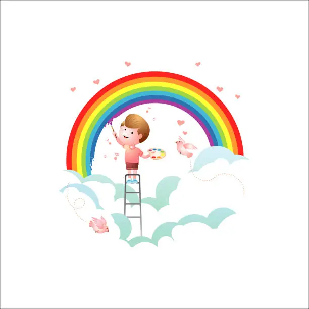 Vector illustration of Happy little children painting the rainbow