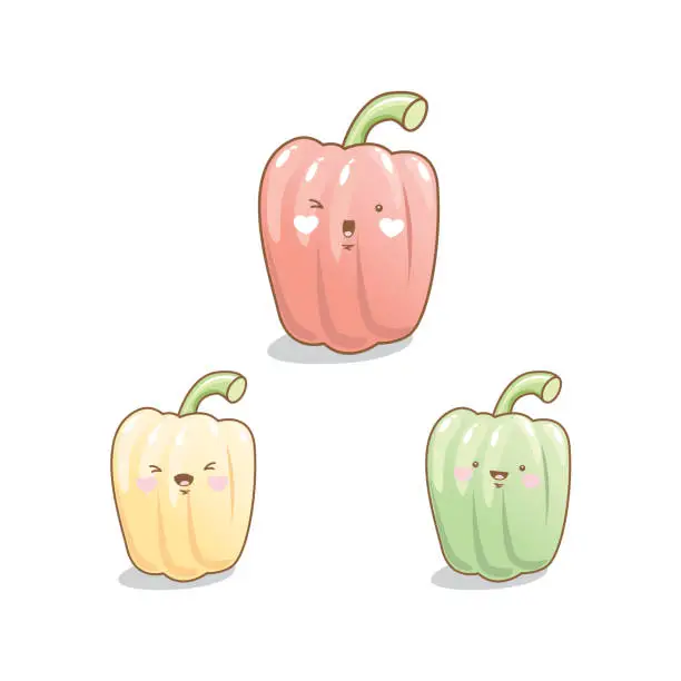 Vector illustration of Cute funny bell pepper vegetable cartoon kawaii style