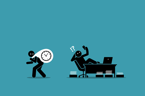 Vector illustrations clip art depicts concept of laziness, wasting time, delay, postpone, lazy, unproductive, and deadline.