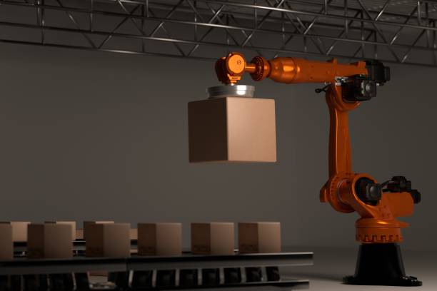 istock Arm Robot AI manufacture Box product Object for manufacturing industry technology Product export and import of future For Products, food, cosmetics, apparel warehouse mechanical future technology 1492516281