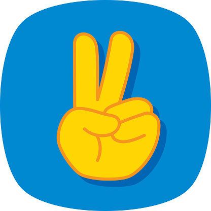 Vector illustration of a hand drawn peace sign hand against a blue background.