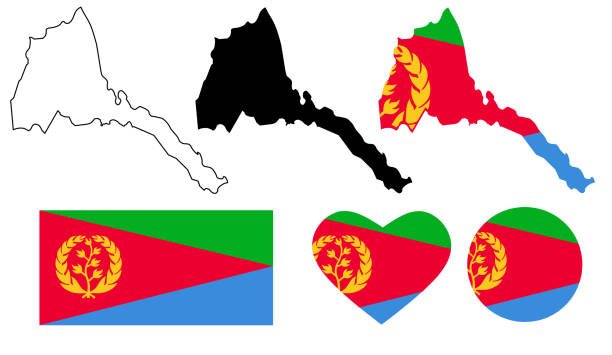 State of Eritrea map flag State of Eritrea map flag icon set isolated on white background silhouette of a eritrea stock illustrations