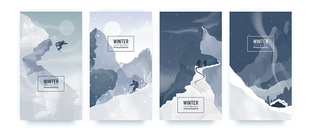 Ski mountains, snow winter posters collection. Minimal holiday landscape, skier on snowy climb, minimalist tree. Cold season extreme snowboarding sport. Outdoor adventure. Vector illustration covers