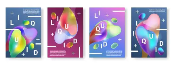 Vector illustration of Gradient shapes banners. Abstract background, liquid shapes posters collection. 3d fluid elements, cool tech minimal space, future trendy cards, multicolor drops. Vector graphic design set