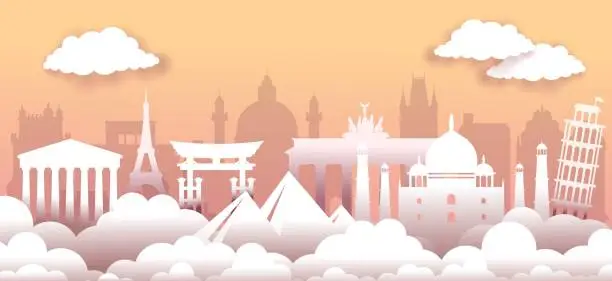 Vector illustration of World travel monuments. Tourism landscape. Paper cut panorama. Famous culture heritage. City skyline origami. Sky clouds and capital buildings silhouettes. Vector illustration background