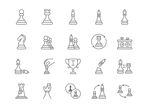 Chess piece. Competition game icons. Pawn or rook in chessman hand. Queen and king figures. Intellectual battle. Business strategy or tactic challenge. Winner cup. Line strokes. Vector symbols set
