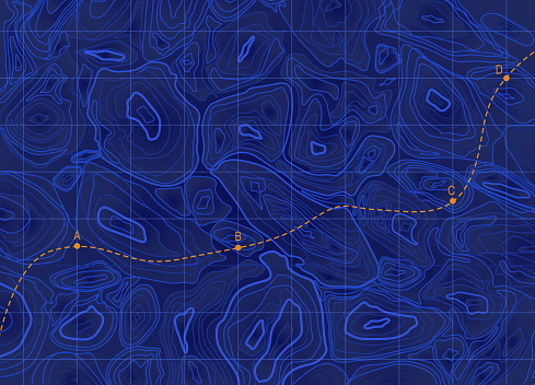 Sea bottom. Ocean navigation map. Marine topography. Line route. Topographic water contour blue grid. Current texture. Navy depth territory. Underwater relief. Way direction. Vector pattern background
