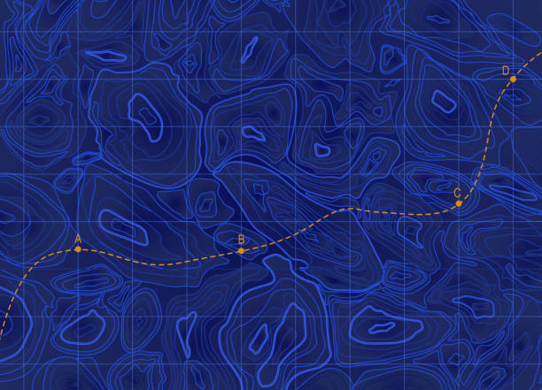 Sea bottom. Ocean navigation map. Marine topography. Line route. Topographic water contour blue grid. Current texture. Navy depth territory. Underwater relief. Vector pattern background Sea bottom. Ocean navigation map. Marine topography. Line route. Topographic water contour blue grid. Current texture. Navy depth territory. Underwater relief. Way direction. Vector pattern background underwater exploration stock illustrations