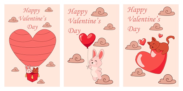 Animals with red hearts. Valentines Day. Cute kittens flying in hot air balloon. Romantic holiday. Kitty and bunny love. Happy cat and rabbit characters in sky clouds. Vector greeting cards design set