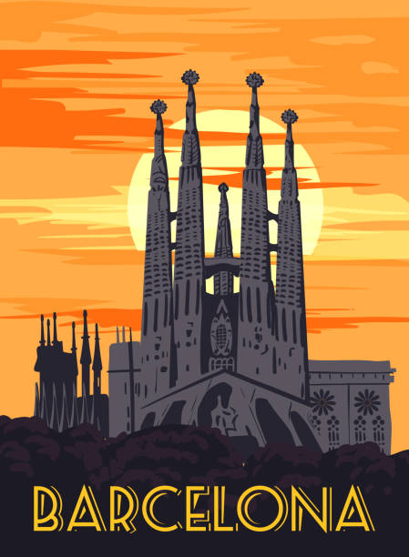 ilustraciones, imágenes clip art, dibujos animados e iconos de stock de cartel de barcelona vintagetravel. sagrada familia gaudí basílica de españa, cielo al atardecer. ilustración vectorial - barcelona spain antonio gaudi sagrada familia