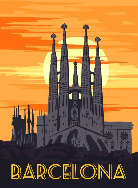 Vector illustration of Barcelona VintageTravel Poster. Sagrada Familia Gaudi Basilica of Spain, sunset sky. Vector illustration