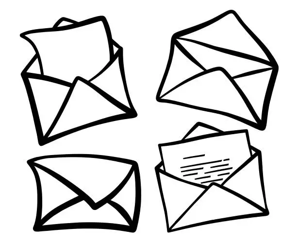 Vector illustration of Doodle set of cute mail. Doodle mail icon. Hand drawn mail icon.