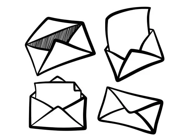 Vector illustration of Doodle set of cute mail. Doodle mail icon. Hand drawn mail icon.