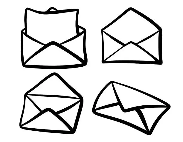 Vector illustration of Doodle set of cute mail. Doodle mail icon. Hand drawn mail icon.