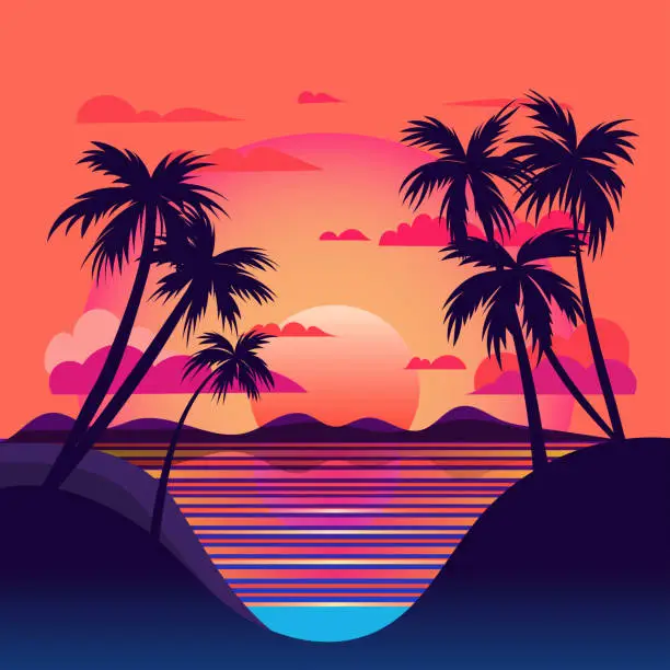 Vector illustration of Vaporwave sunset,   80s synthwave styled  landscape with sea, palm trees and sun. Vector illustration in flat style