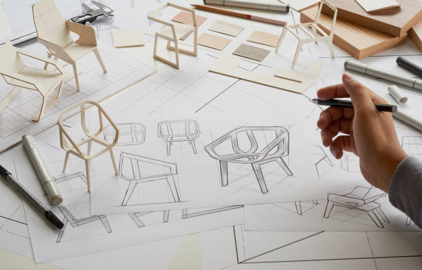 istock Designer sketching drawing design development product plan draft chair armchair Wingback Interior furniture prototype manufacturing production. designer studio concept . 1492528368
