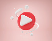 3D red play button icon on isolated background.Social media.Video media.3d rendering,illustration
