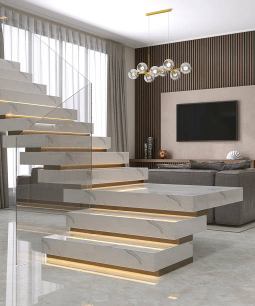 White marble L shape floating stair, led stripe light staircase, tempered glass balustrade in luxury beige living room, wood paneling wall