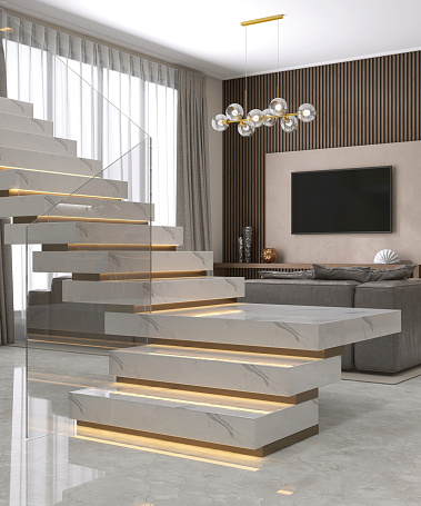 White marble L shape floating stair, led stripe light staircase, tempered glass balustrade in luxury beige living room, wood paneling wall for interior design decoration, lifestyle product display background 3D