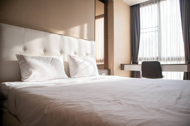 istock The white bed hits the morning sunlight in an empty room. 1492532545