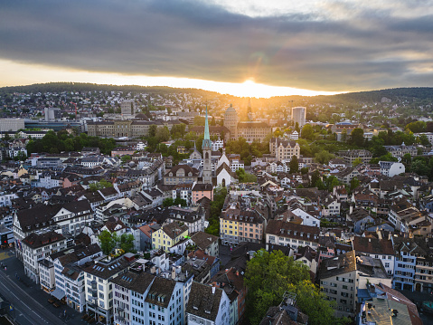Aerial View Of Historic City Of Zurich At Sunrise