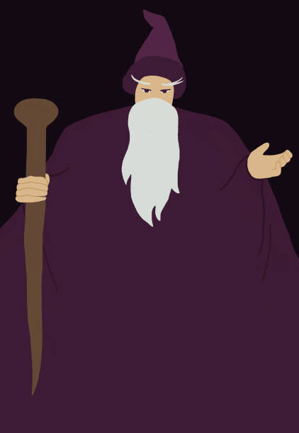 istock Halloween old wizard with a long robe and wooden wand welcoming 1492534589