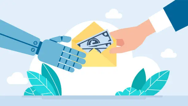 Vector illustration of AI and technology. Partnership Cooperation. Money for a Good Idea. Technology Evolution. Closeup of businessman man hand envelope with money to robot. Man pass banknotes to robot. Vector illustration