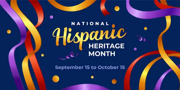 Vector illustration of National hispanic heritage month. Vector web banner, poster, card for social media, networks. Greeting with national Hispanic heritage month text, ribbons pattern on blue background with streamers.