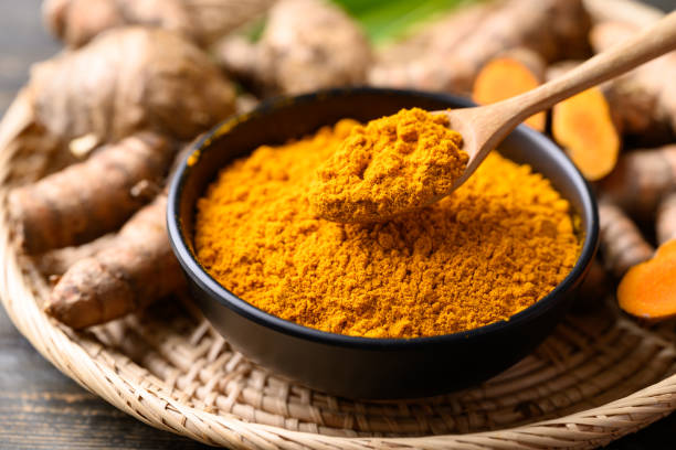 Turmeric powder and fresh turmeric (Curcuma, curcumin) Turmeric powder and fresh turmeric (Curcuma, curcumin), Organic ingredient in Asian cuisine, food coloring or natural dyeing curcumin stock pictures, royalty-free photos & images
