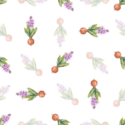 Watercolor background with blossoming hyacinths. Endless wallpaper with flowers. Hyacinth. Watercolor illustration. Hand drawn.