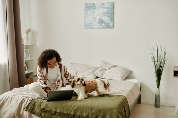 Young woman relaxing at home sitting on bed and using laptop