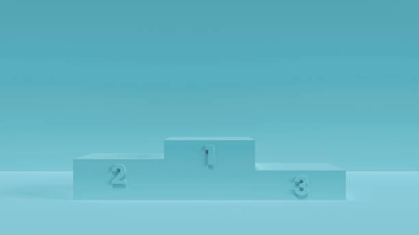 istock Blue room with winners podium, simple 3D background with wide margins 1492540605