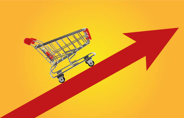 Shopping Cart with red up arrow. stock photo