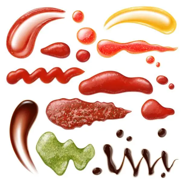 Vector illustration of Sauces stripes and drops, realistic ketchup, mayonnaise and mustard. Chili with spices, isolated soy sauce. Food toppings pithy vector collection