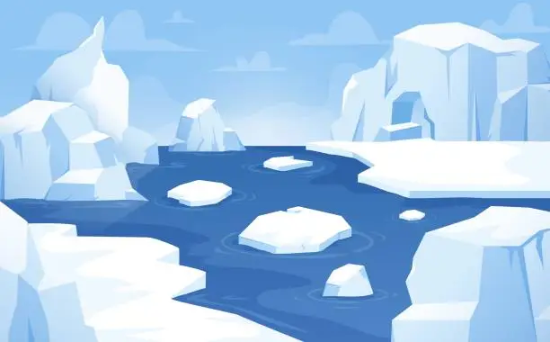 Vector illustration of Cartoon arctic background, floating icebergs antarctica landscape. Beautiful sea or ocean, glaciers and ice mountains. North snugly vector scene