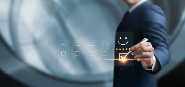 istock Customer satisfaction survey concept, businessman touching happy smiley face icon. Satisfaction. 5 stars. Service experience rating. Online applications, Satisfaction reviews The best quality. 1492543788
