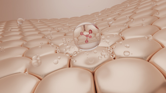 Skin cells with drop of water with molecules of serum or skin treatment product. 3D rendering.