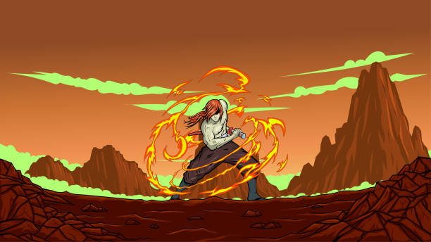 vector anime samurai fighting ready stance with flame effects and mountain range bakcground stock illustration - bakcground stock illustrations