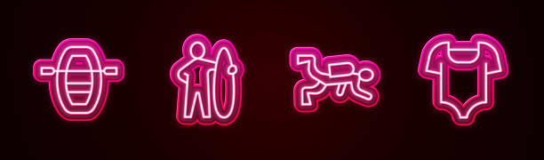 istock Set line Boat with oars, Surfboard, Scuba diver and Swimsuit. Glowing neon icon. Vector 1492545791