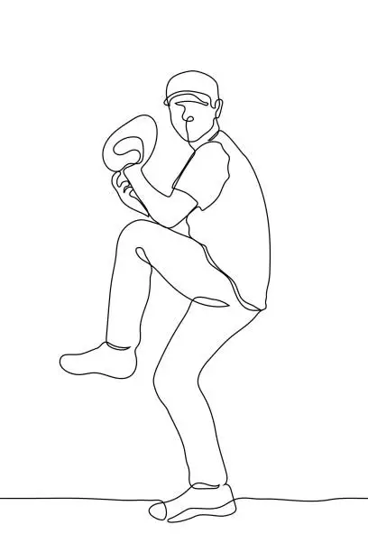 Vector illustration of baseball player serving the ball with his foot raised - one line drawing. A gloved pitcher stands on one leg ready to through the ball