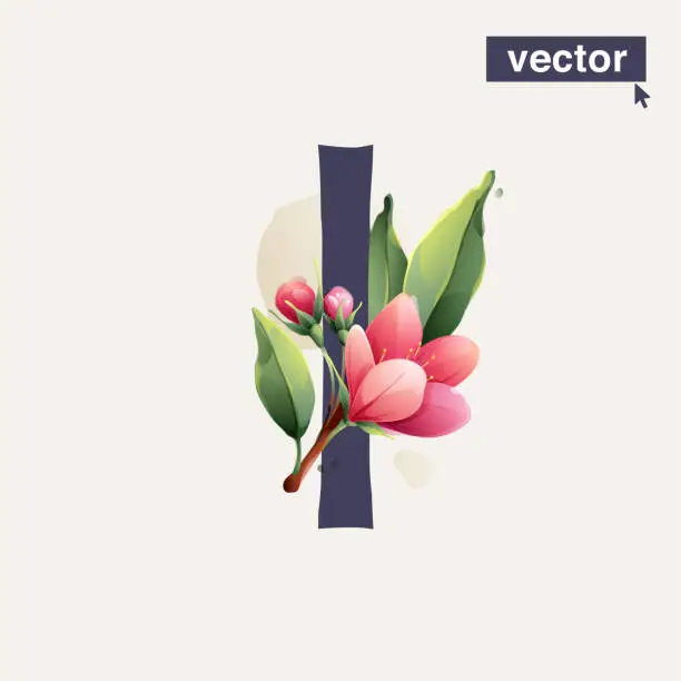 Vector illustration of I letter logo with Sakura blooming flowers. Vector realistic watercolor style. Pink cherry petals, bud, branch, and green leaves.