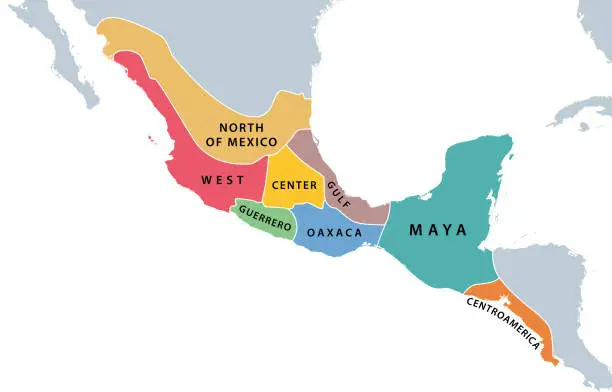 Vector illustration of Mesoamerica and its cultural areas, map of a historical region