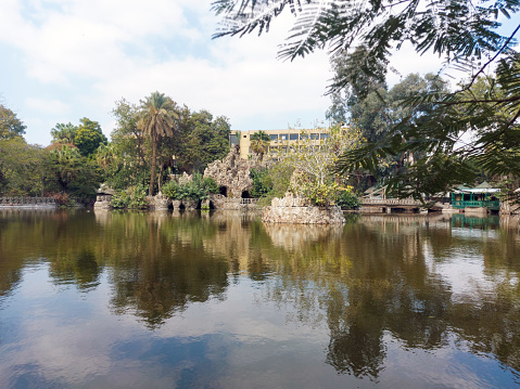 wide view of Green landscape with trees reflection lake at public park, Egypt