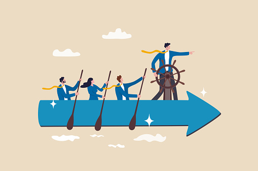 Leadership to lead team to the right direction, employee teamwork to help success, manager to motivate team or company to move forward concept, businessman manager lead people teamwork sailing arrow.