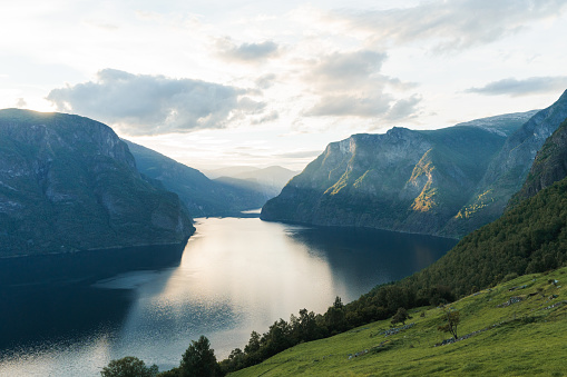 Scenic view of  fjord in Norway at sunset